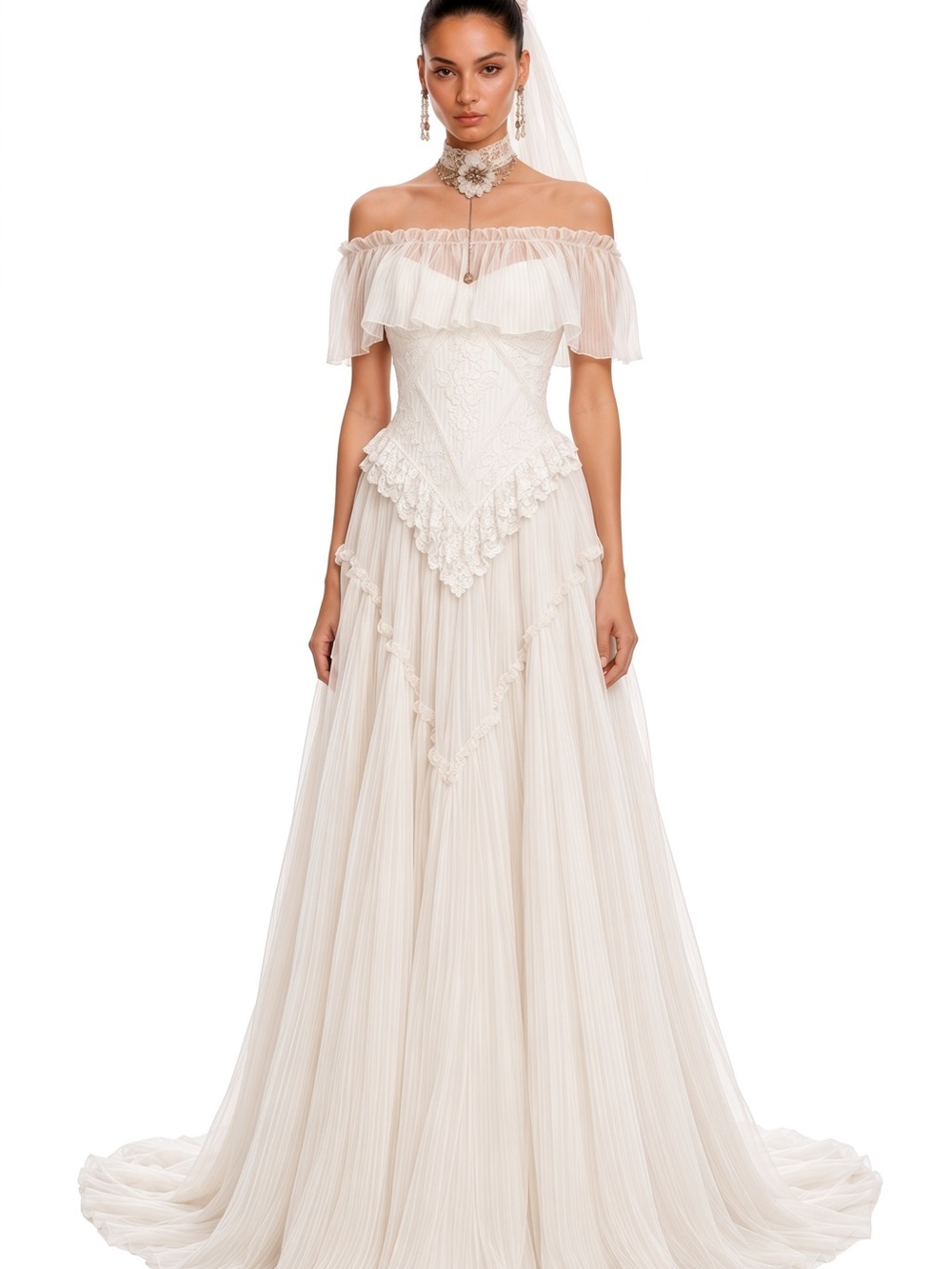 Ivory Off-Shoulder Bridal Gown with Lace Corset Detailing